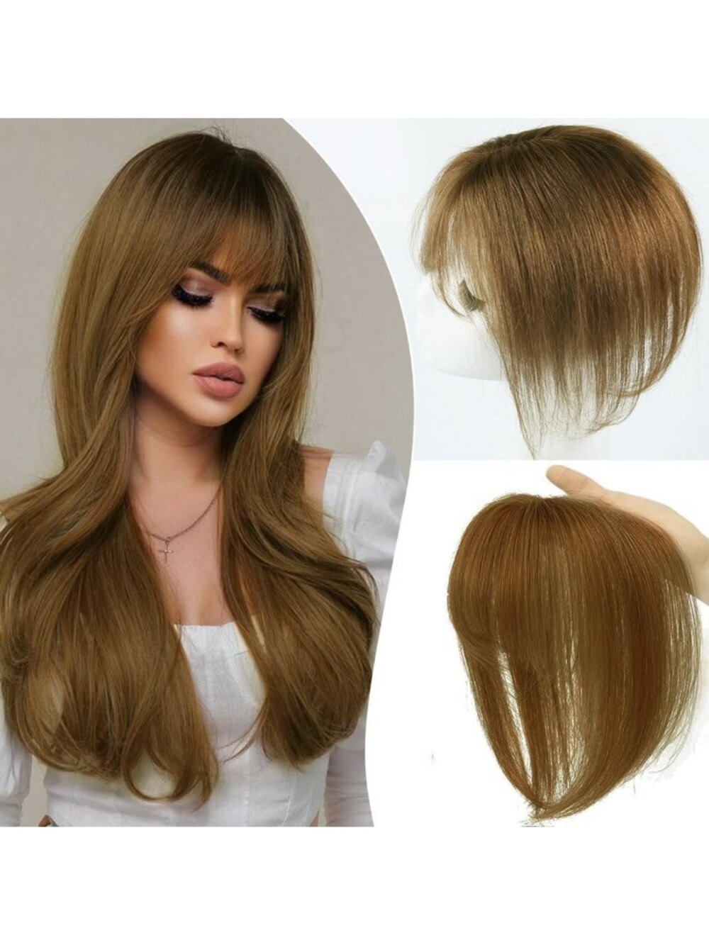 Light Brown 8" Real Human Hair Topper with Bangs - 360° Clip-In for Thinning